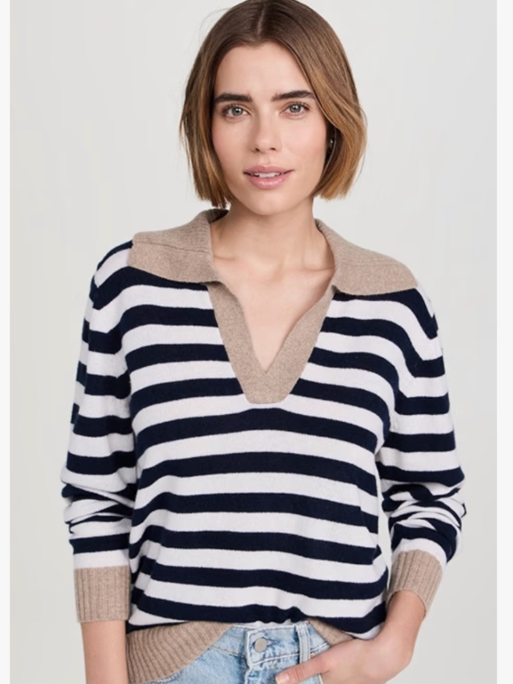 Jumper 1234 Stripe Collar Cashmere Pullover Navy, Cream  Size 1 Small